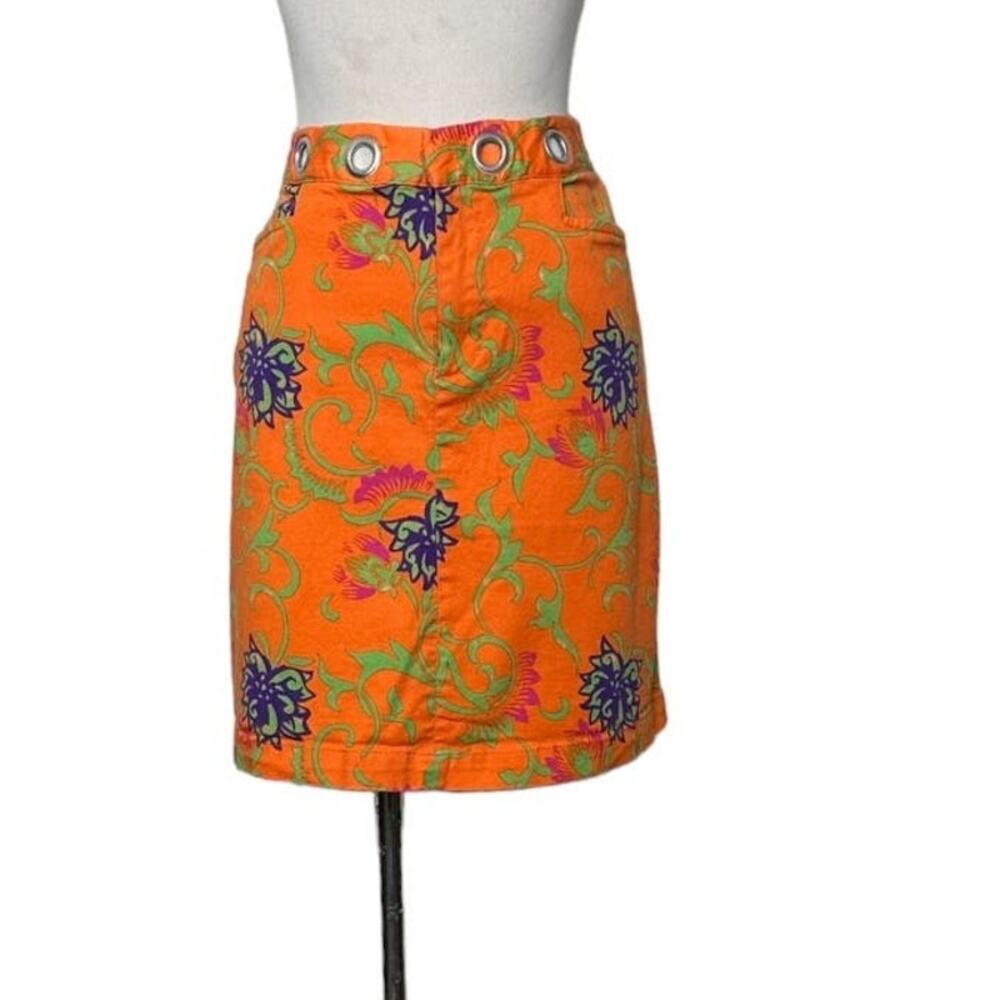 Metro Style Y2K orange blue floral denim mini skirt size 10
